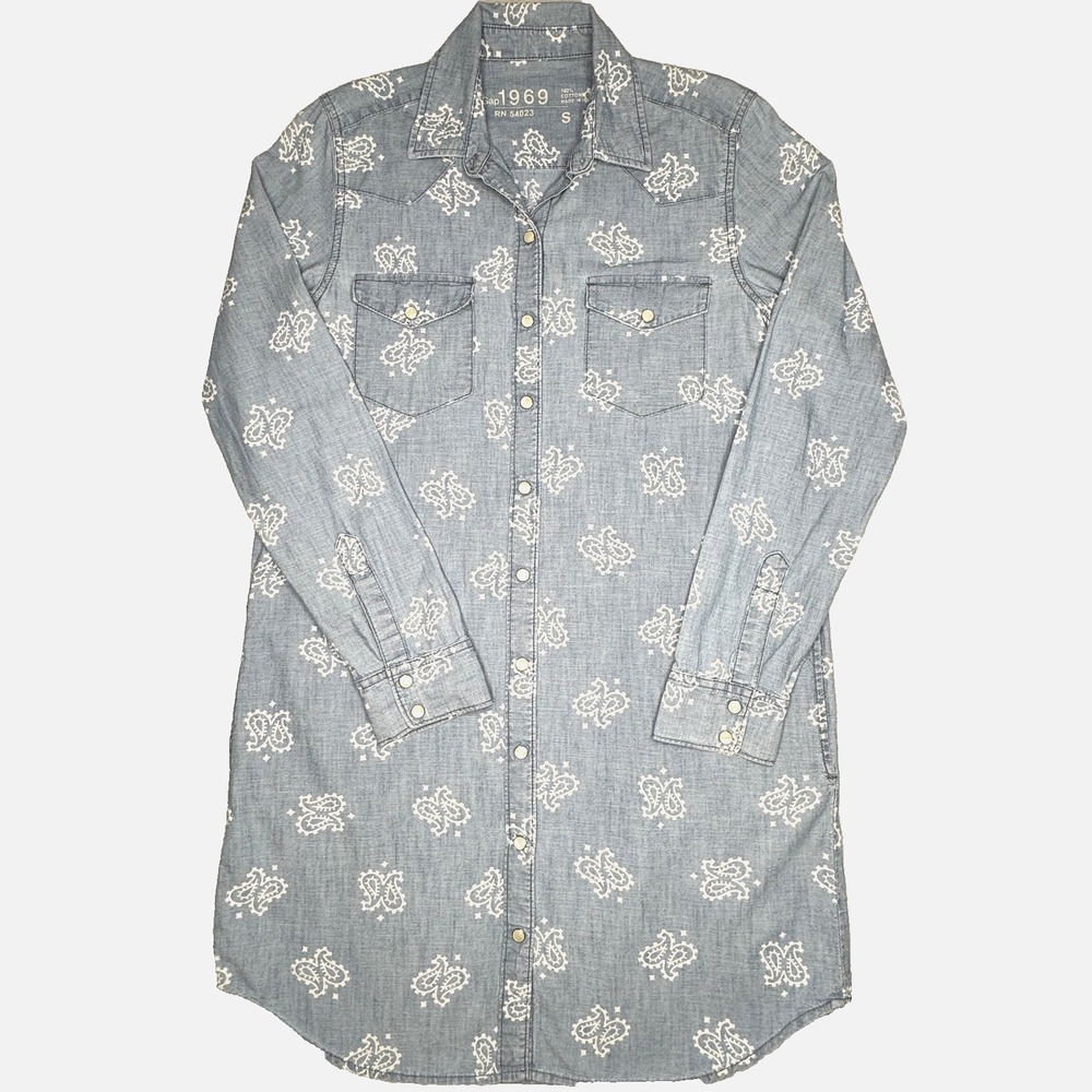 Gap Dress Womens S Blue Chambray Long Sleeve Pockets Western Pearl Snap Paisley